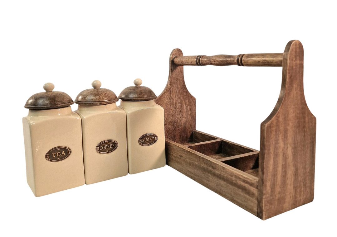 Cream Ceramic Tea, Coffee & Sugar Canisters In Solid Mango Wood Rack