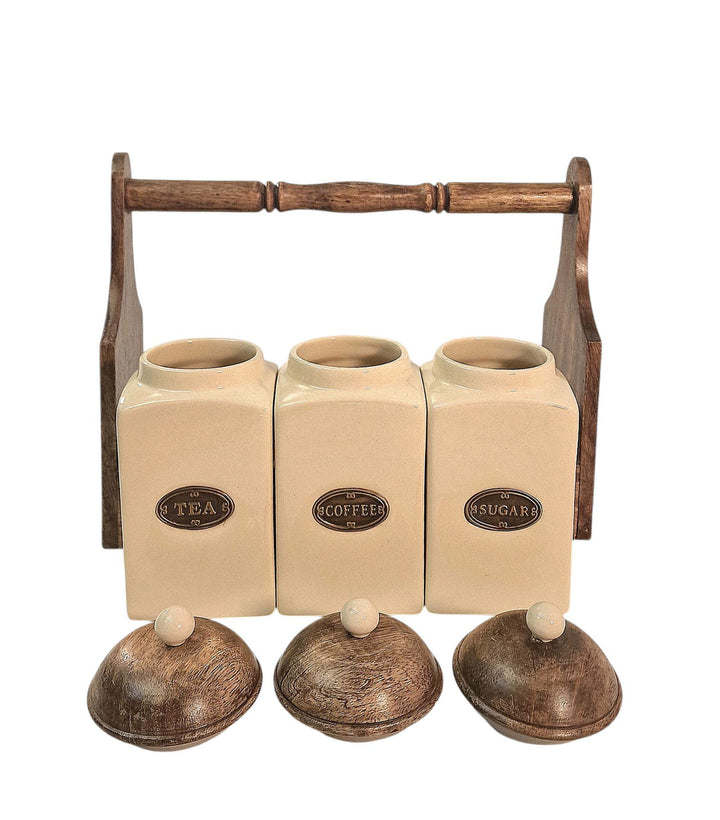 Cream Ceramic Tea, Coffee & Sugar Canisters In Solid Mango Wood Rack