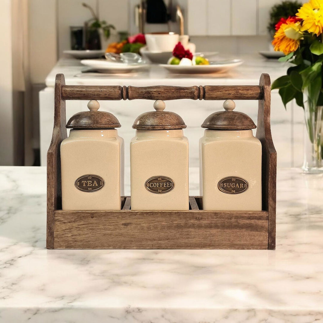 Cream Ceramic Tea, Coffee & Sugar Canisters In Solid Mango Wood Rack