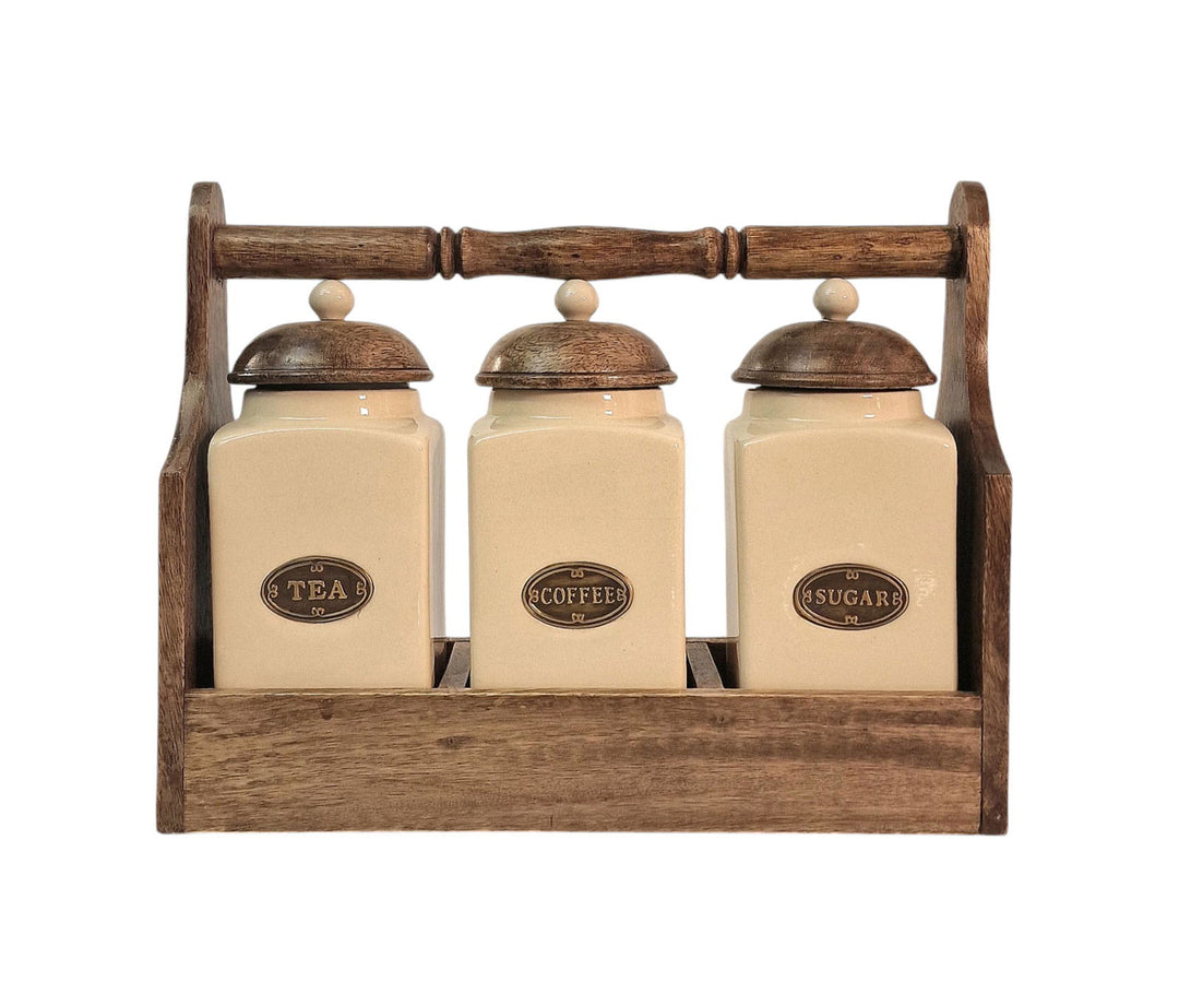 Cream Ceramic Tea, Coffee & Sugar Canisters In Solid Mango Wood Rack