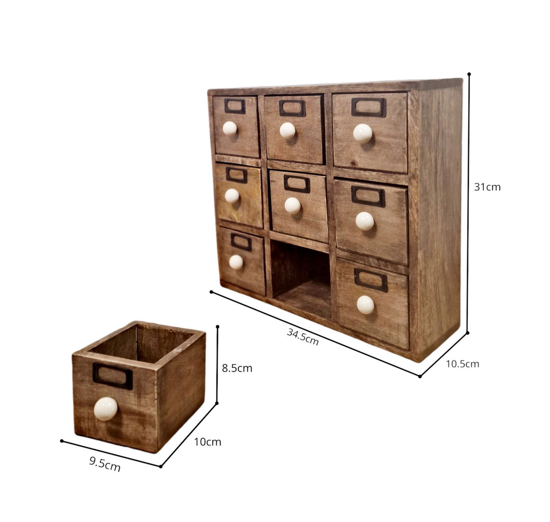 9 Drawer Solid Mango Wood Trinket Chest/Draw With Ceramic Knob Handles