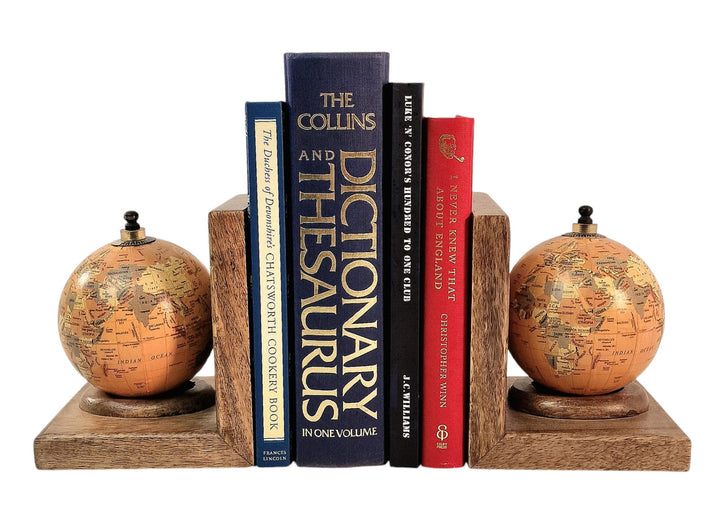 Pair of World Globe Bookends Set in Mango Wood