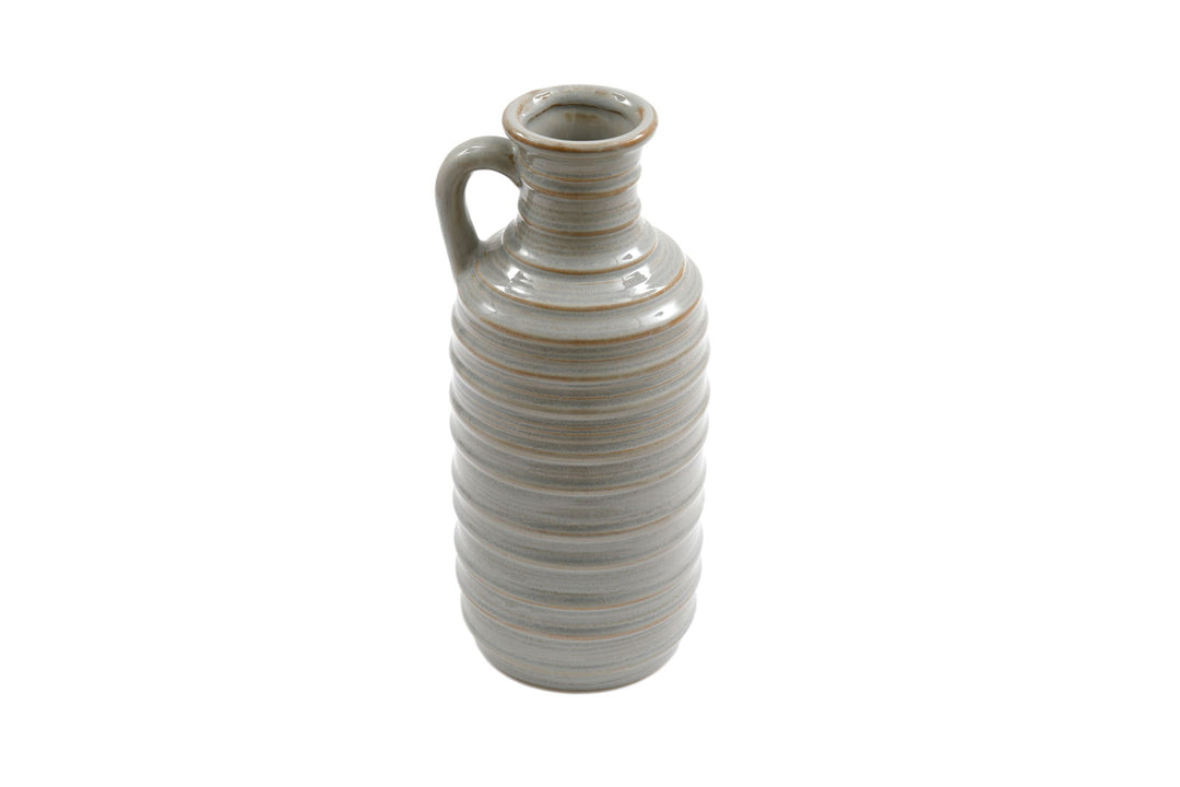 Ceramic Grey Ribbed Vase With Handle 27cm