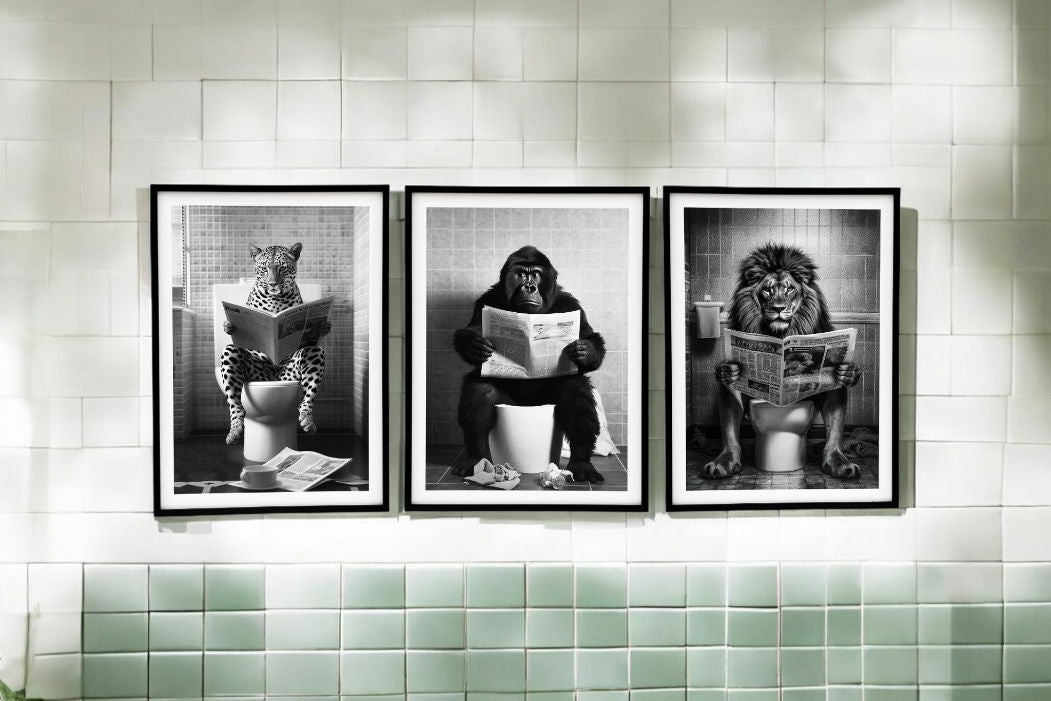 Set of 3 Animal's on the Toilet Framed Canvas 45x60cm