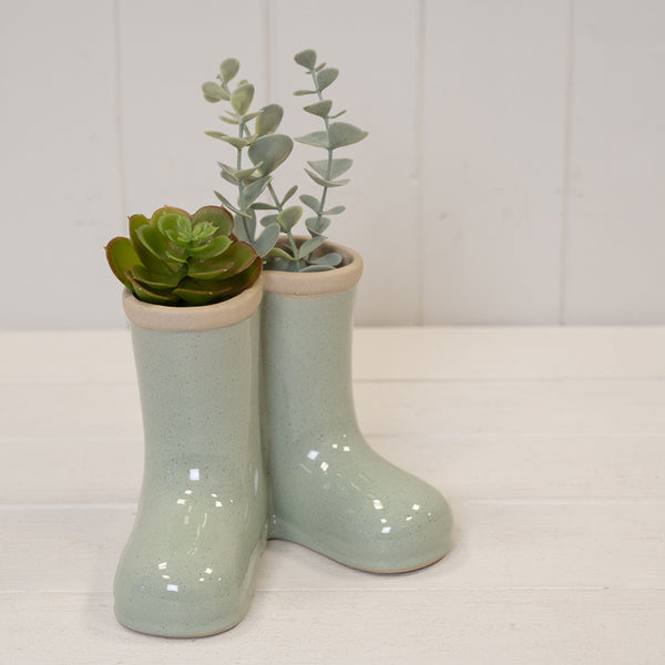 Ceramic Welly Boot Vase - Sage Green - Small