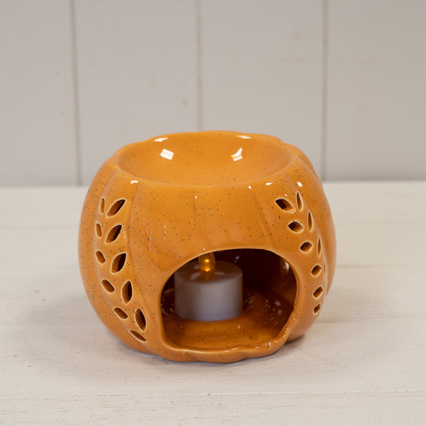 Ceramic Wax Burner with Leaf Detail - Bright Orange