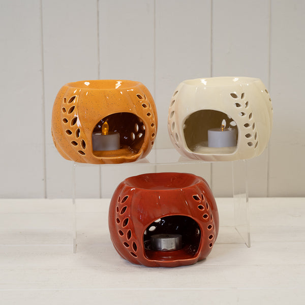Ceramic Wax Burner with Leaf Detail - Bright Orange