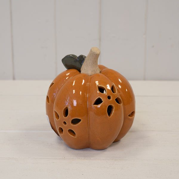 Ceramic Pumpkin with Cutout Detail LED Timer - Orange - Small
