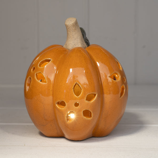 Ceramic Pumpkin with Cutout Detail LED Timer - Orange - Small