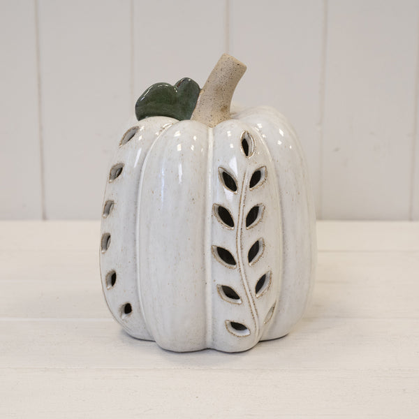 Ceramic Pumpkin with Cutout Detail LED Timer - White - Large