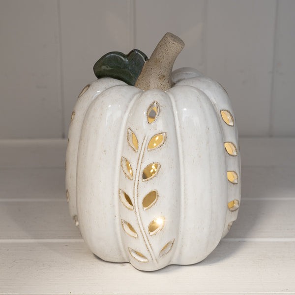 Ceramic Pumpkin with Cutout Detail LED Timer - White - Large