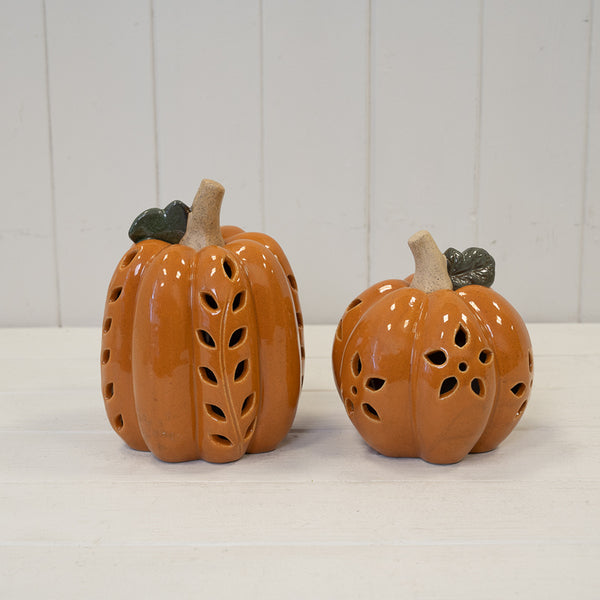 Ceramic Pumpkin with Cutout Detail LED Timer - Orange - Large