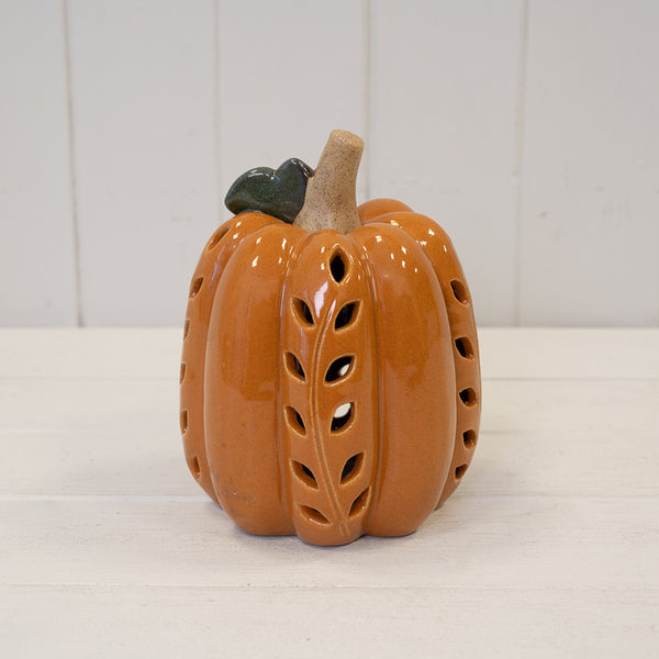 Ceramic Pumpkin with Cutout Detail LED Timer - Orange - Large