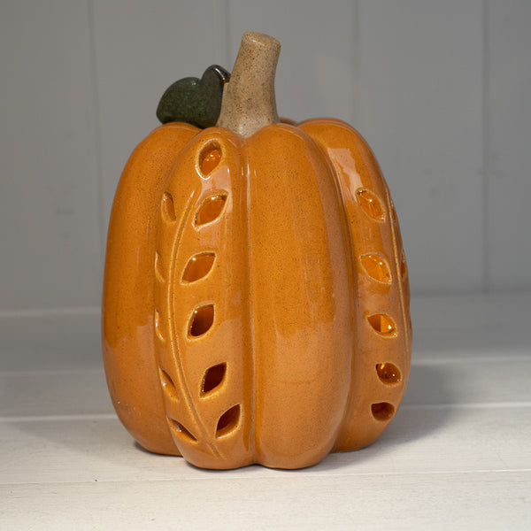 Ceramic Pumpkin with Cutout Detail LED Timer - Orange - Large