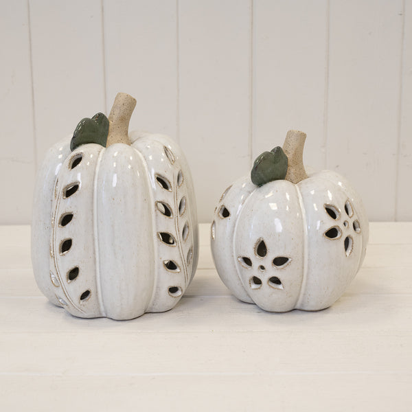 Ceramic Pumpkin with Cutout Detail LED Timer - White - Small