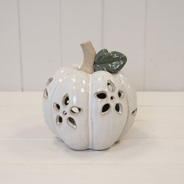 Ceramic Pumpkin with Cutout Detail LED Timer - White - Small