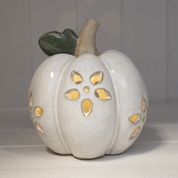Ceramic Pumpkin with Cutout Detail LED Timer - White - Small