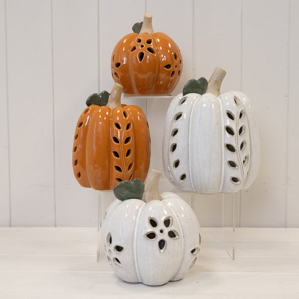 Ceramic Pumpkin with Cutout Detail LED Timer - Orange - Small