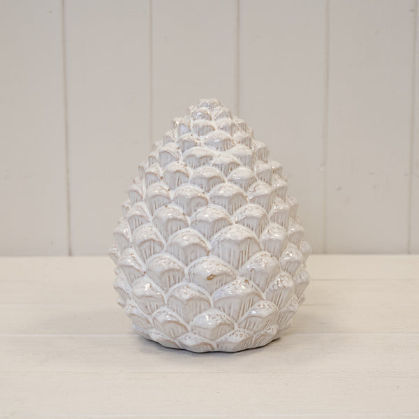 Glazed Ceramic Pine Cone - White - Large