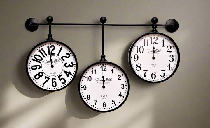 Set of 3 "Grand Hotel" Hanging Black Metal Wall Clocks