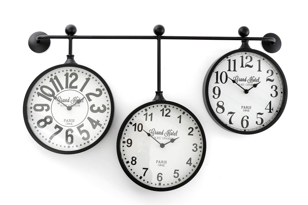 Set of 3 "Grand Hotel" Hanging Black Metal Wall Clocks