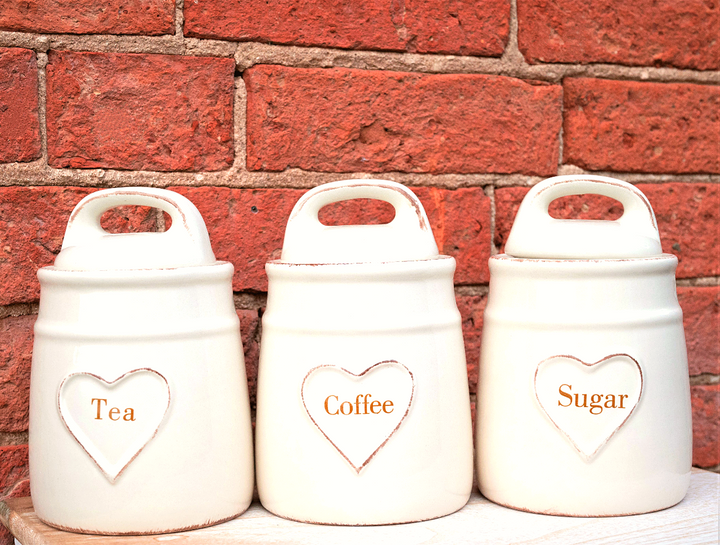 Cream Ceramic Heart Design Tea, Coffee & Sugar Canisters