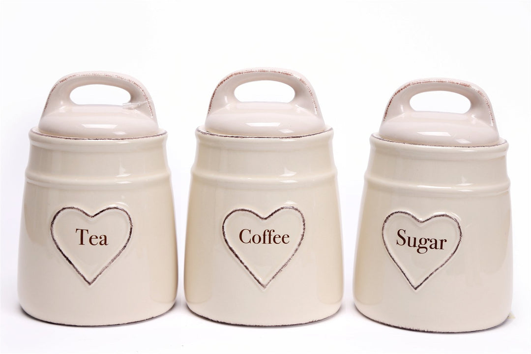 Cream Ceramic Heart Design Tea, Coffee & Sugar Canisters