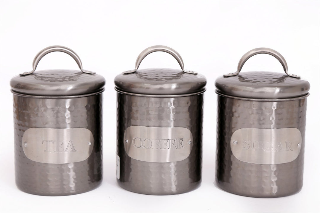 Grey Stainless Steel Tea, Coffee & Sugar Canisters Tins