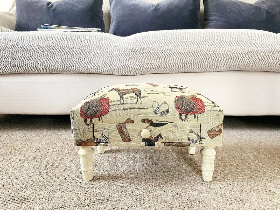 Equestrian Themed Fabric Footstool with Storage Drawer