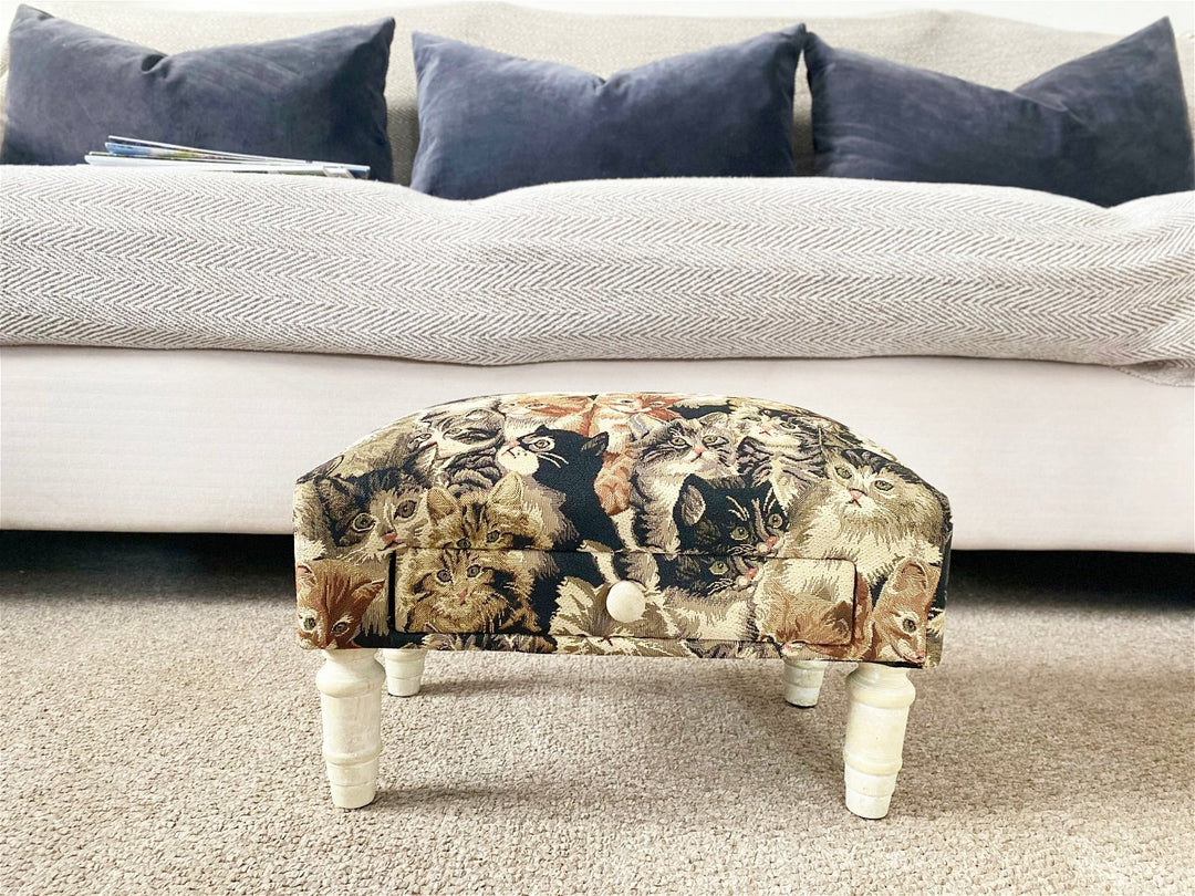 Charming Cat Print Fabric Footstool with a Single Storage Drawer