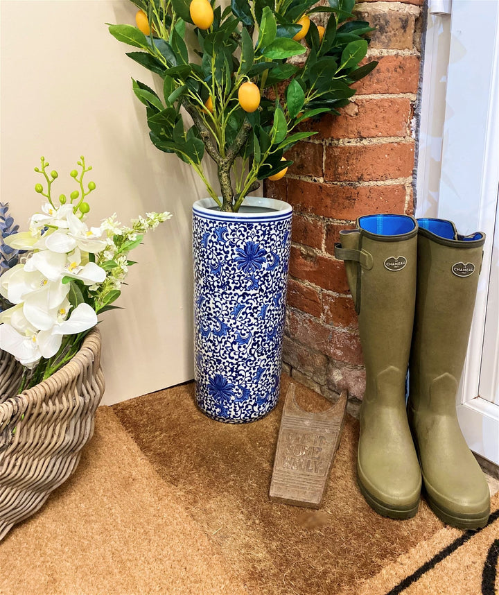 White With Blue Floral Print Umbrella Stand