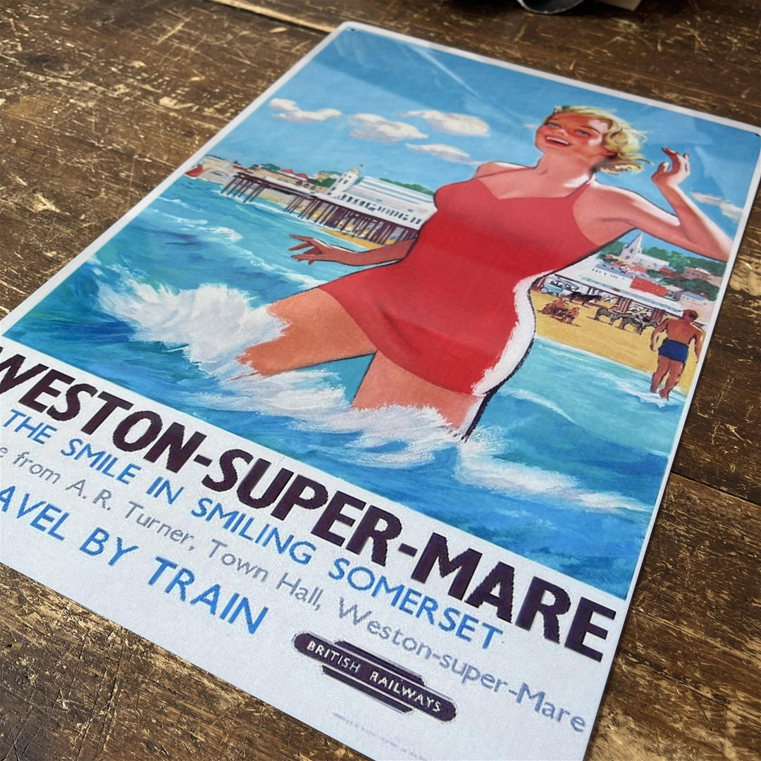 Vintage Metal Sign - British Railways Retro Advertising, Weston-Super-Mare, Somerset