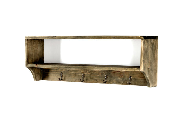 Wooden Wall Shelf with 4 Metal Coat Hooks