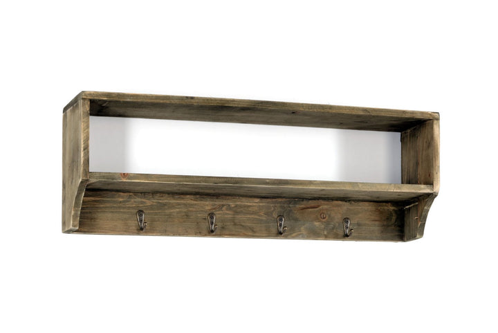 Wooden Wall Shelf with 4 Metal Coat Hooks