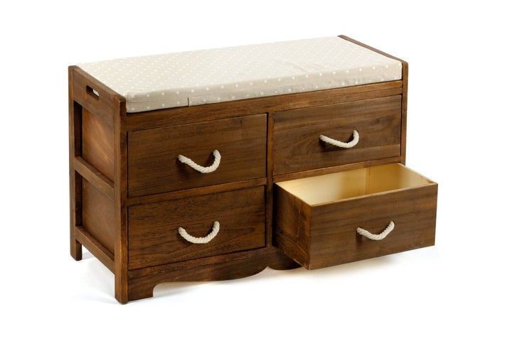 Dark Wood Storage Bench Seat with Cushion - 4 Drawers & Rope Handles