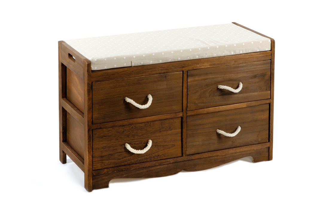 Dark Wood Storage Bench Seat with Cushion - 4 Drawers & Rope Handles