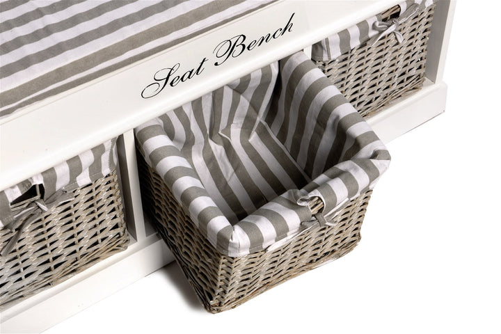 Storage Bench Seat with Cushion & 3 Wicker Storage Baskets - White & Grey Stripes