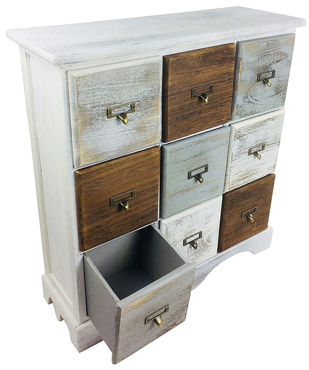 Wooden Draw Storage Cabinet With 9 Drawers 64cm - Distressed Rustic Style