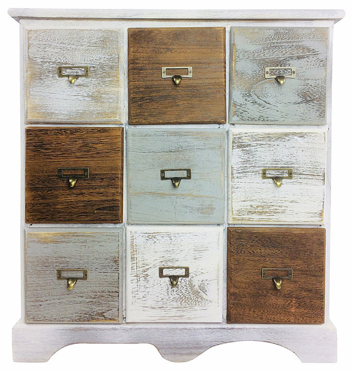 Wooden Draw Storage Cabinet With 9 Drawers 64cm - Distressed Rustic Style