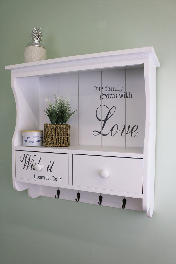 Wall Unit in White with Hooks, Drawers & Shelf - Country Cottage