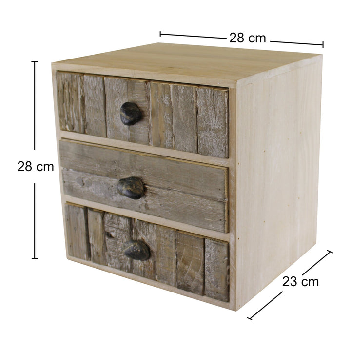 Set of 3 Drawers - Driftwood Effect Nautical Beach Theme with Pebble Handles