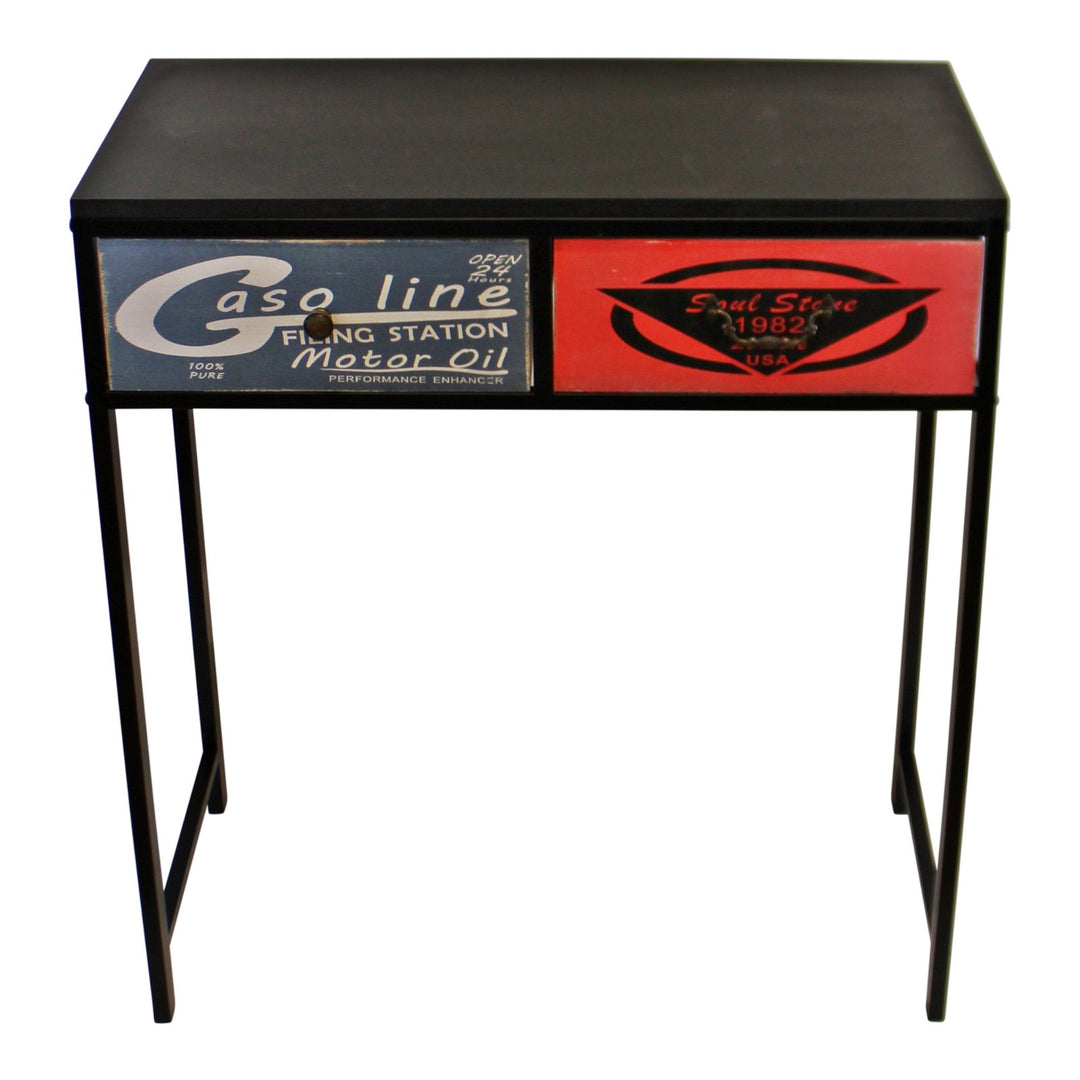 Retro Black Console Table With 2 Drawers - Gasoline Sign Print