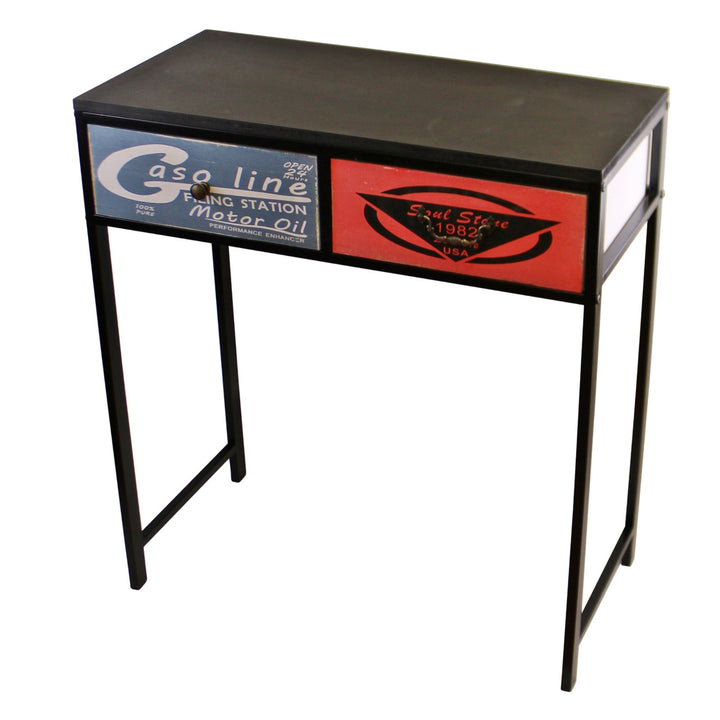 Retro Black Console Table With 2 Drawers - Gasoline Sign Print