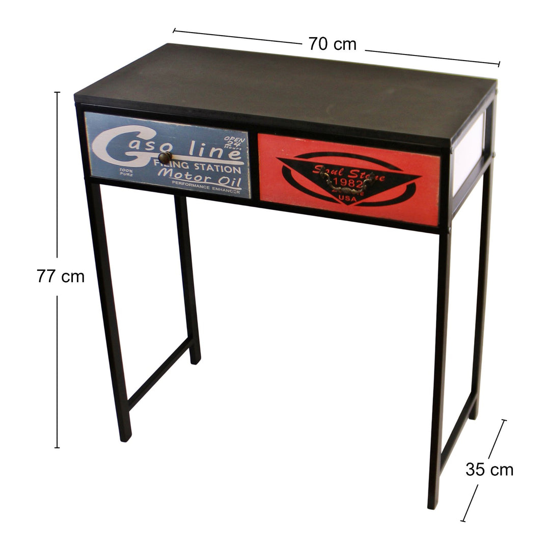 Retro Black Console Table With 2 Drawers - Gasoline Sign Print