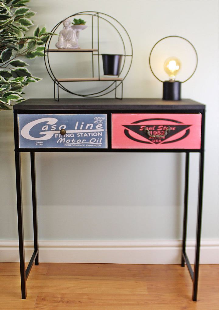 Retro Black Console Table With 2 Drawers - Gasoline Sign Print