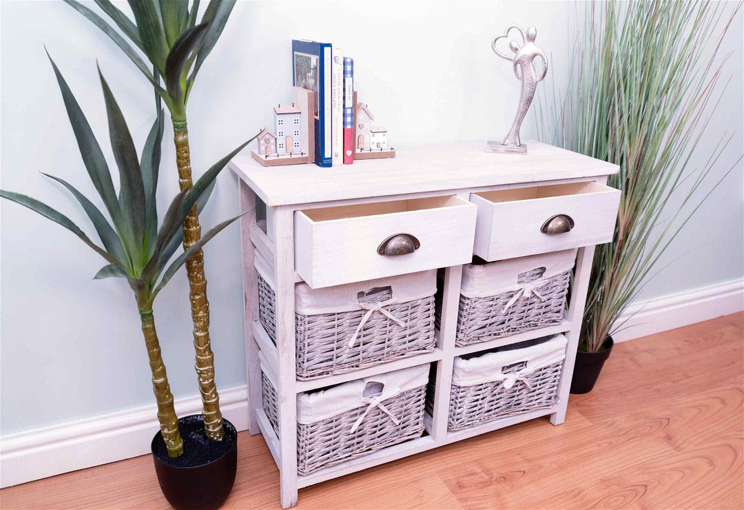 Storage Cabinet with 2 Drawers & 4 Wicker Baskets - Grey & White Wood Grain Effect