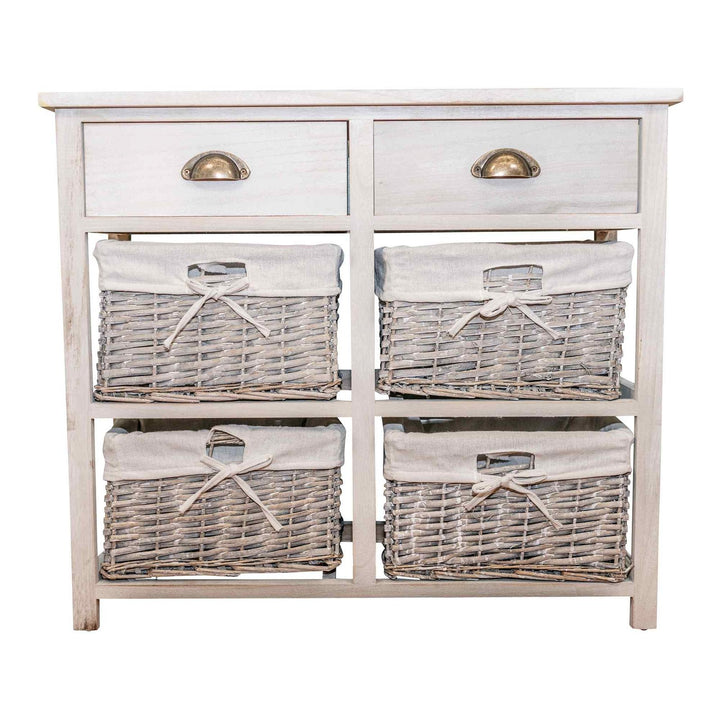 Storage Cabinet with 2 Drawers & 4 Wicker Baskets - Grey & White Wood Grain Effect