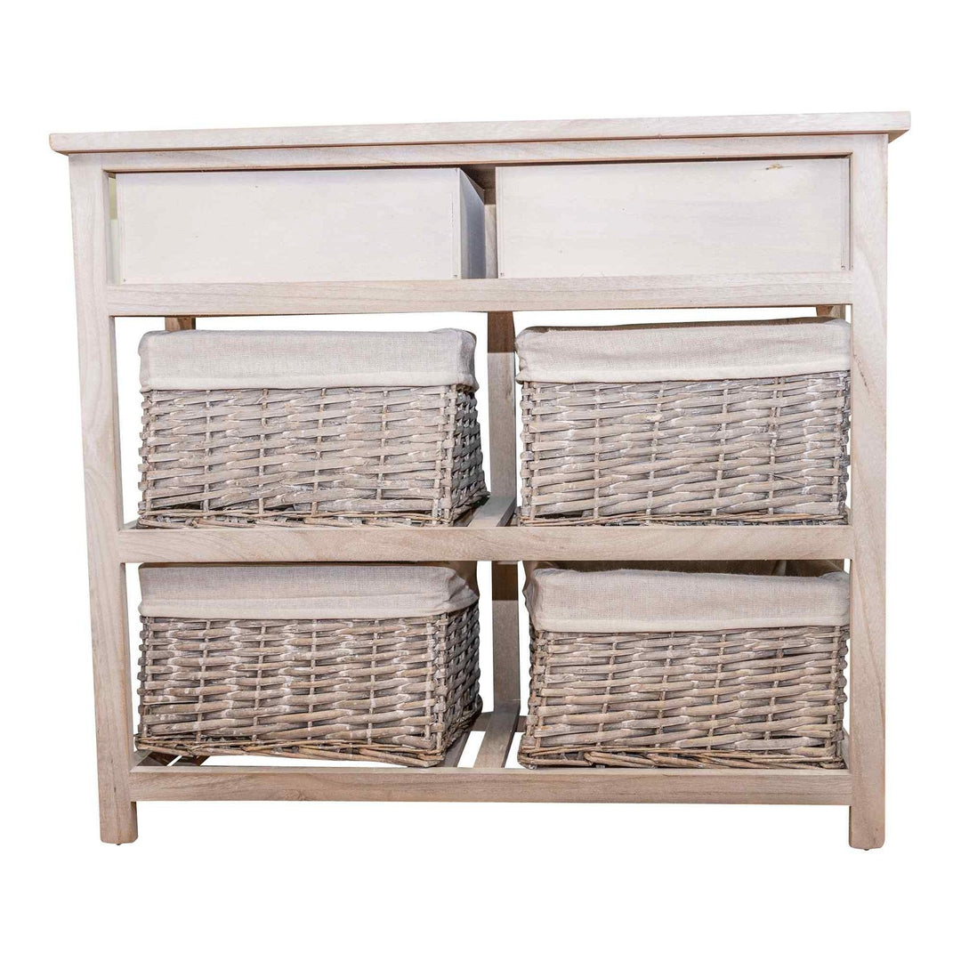 Storage Cabinet with 2 Drawers & 4 Wicker Baskets - Grey & White Wood Grain Effect