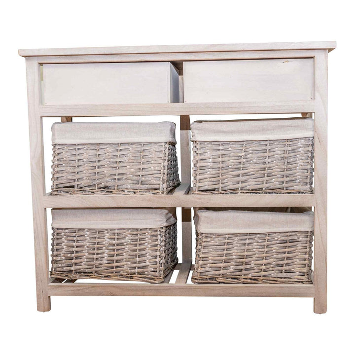 Storage Cabinet with 2 Drawers & 4 Wicker Baskets - Grey & White Wood Grain Effect