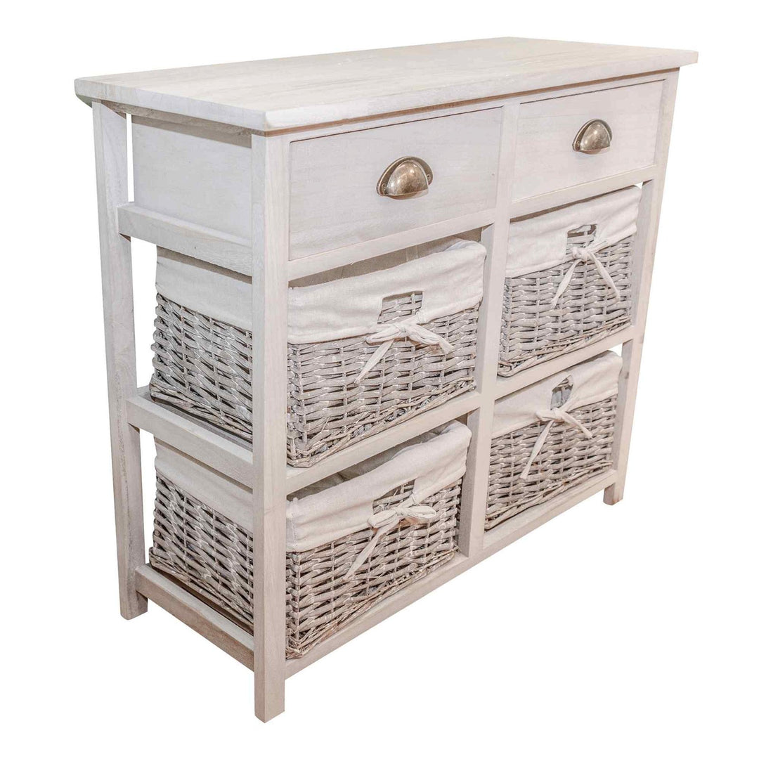 Storage Cabinet with 2 Drawers & 4 Wicker Baskets - Grey & White Wood Grain Effect